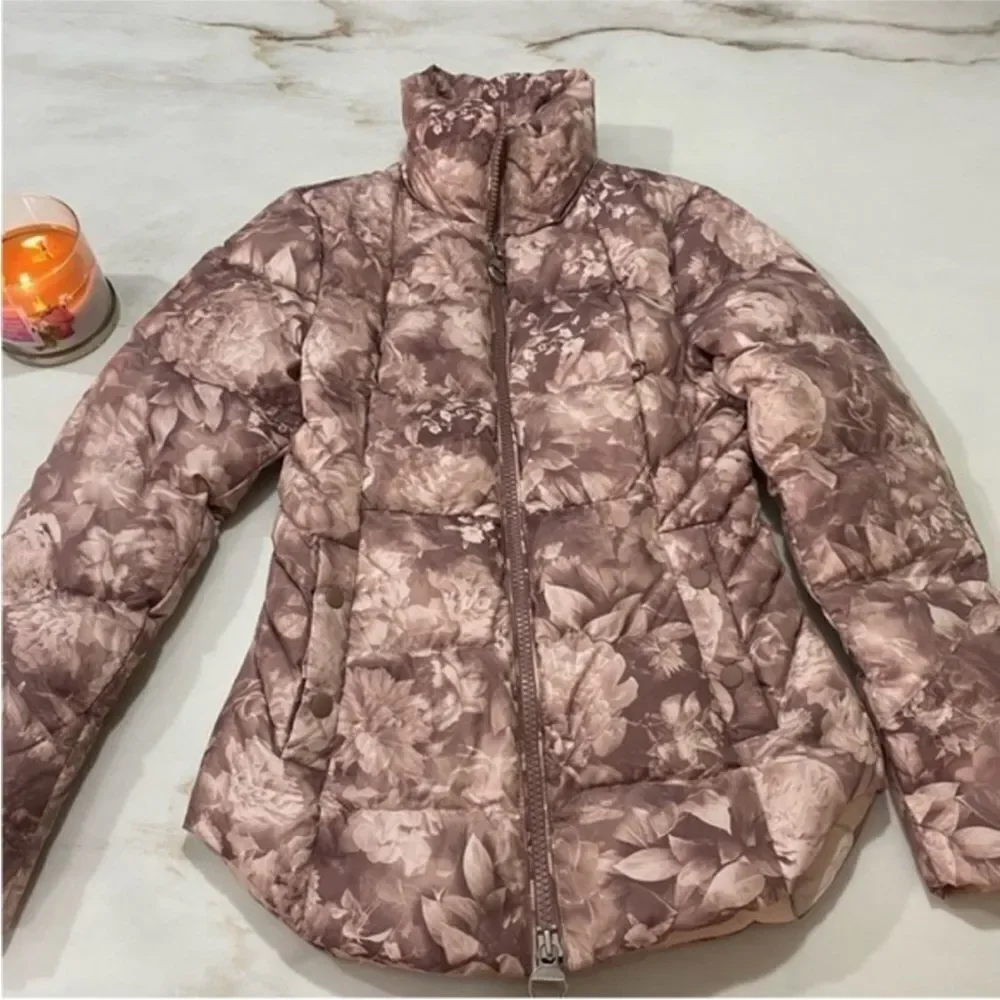 Athleta Downtown Printed Jacket in Antoinette Floral Pink Down Coat